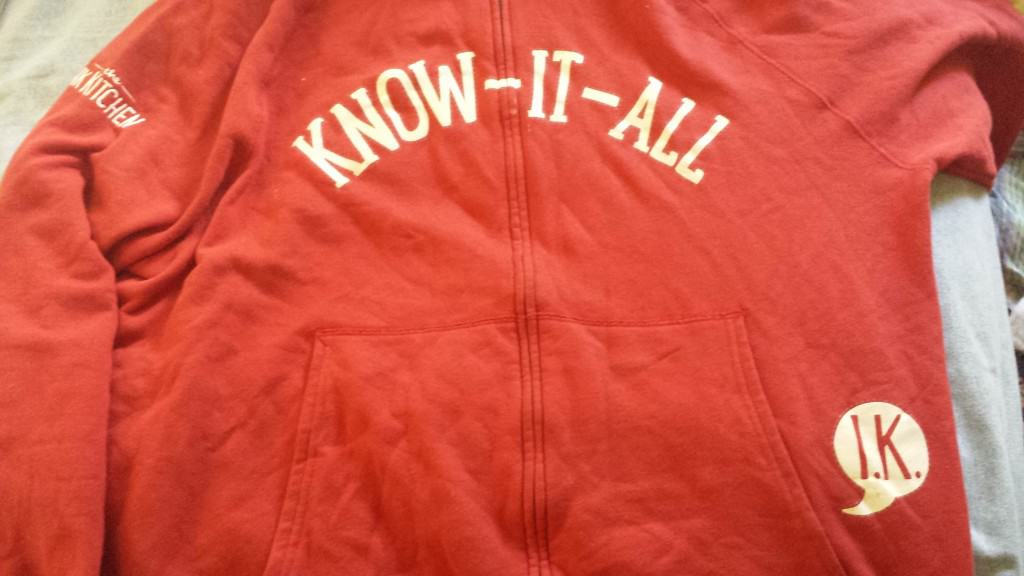 It may not be obvious that we know everything, so we have these garment  to identify us at the Ink Kitchen "Know-It-All" booth  