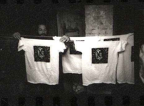 Shirts being hung up to dry, my pal Jeff Grove helping me out 